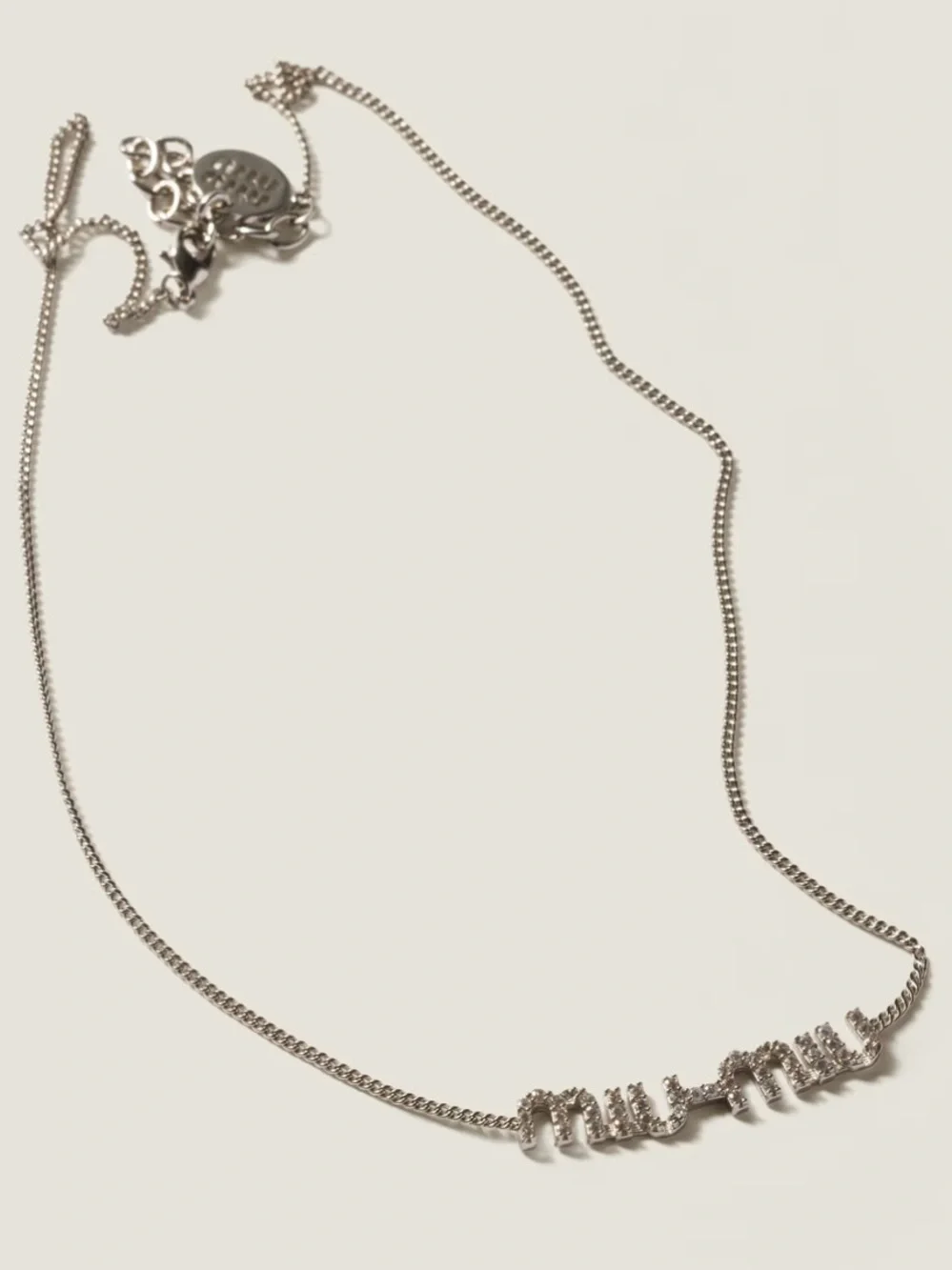Miu Miu Silver Crystal Logo Necklace